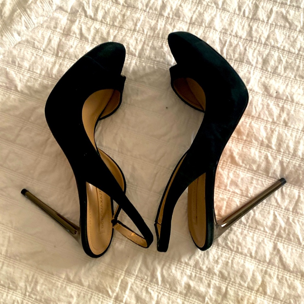 New BCBG mamaxazria suede black stiletto slingbacks w chrome heel 5inch w.5 plat